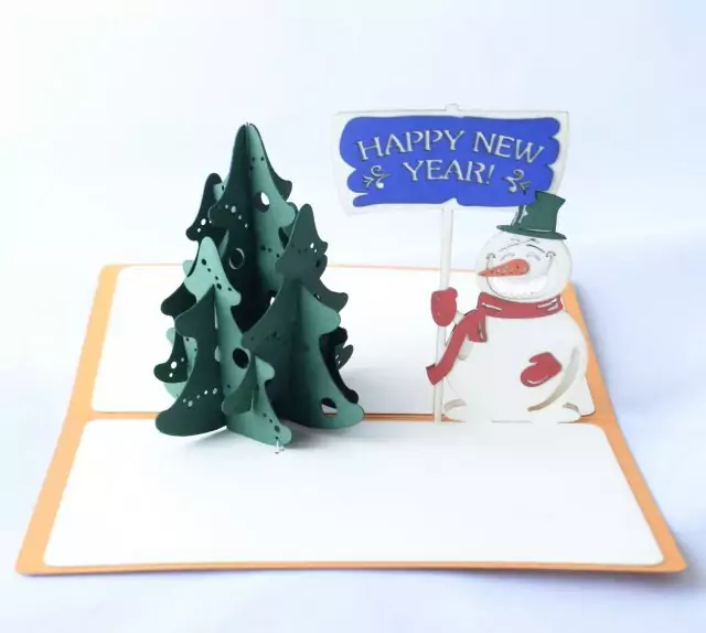 Happy New Year Greeting Card with Snowman and Christmas Tree