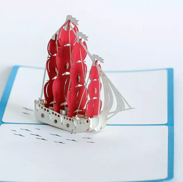 White Ship with Red Sails 3D Greeting Card