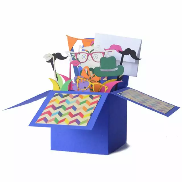 Blue 3D Hats and Moustaches Greeting Box