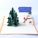 Happy New Year Greeting Card with Snowman and Christmas Tree